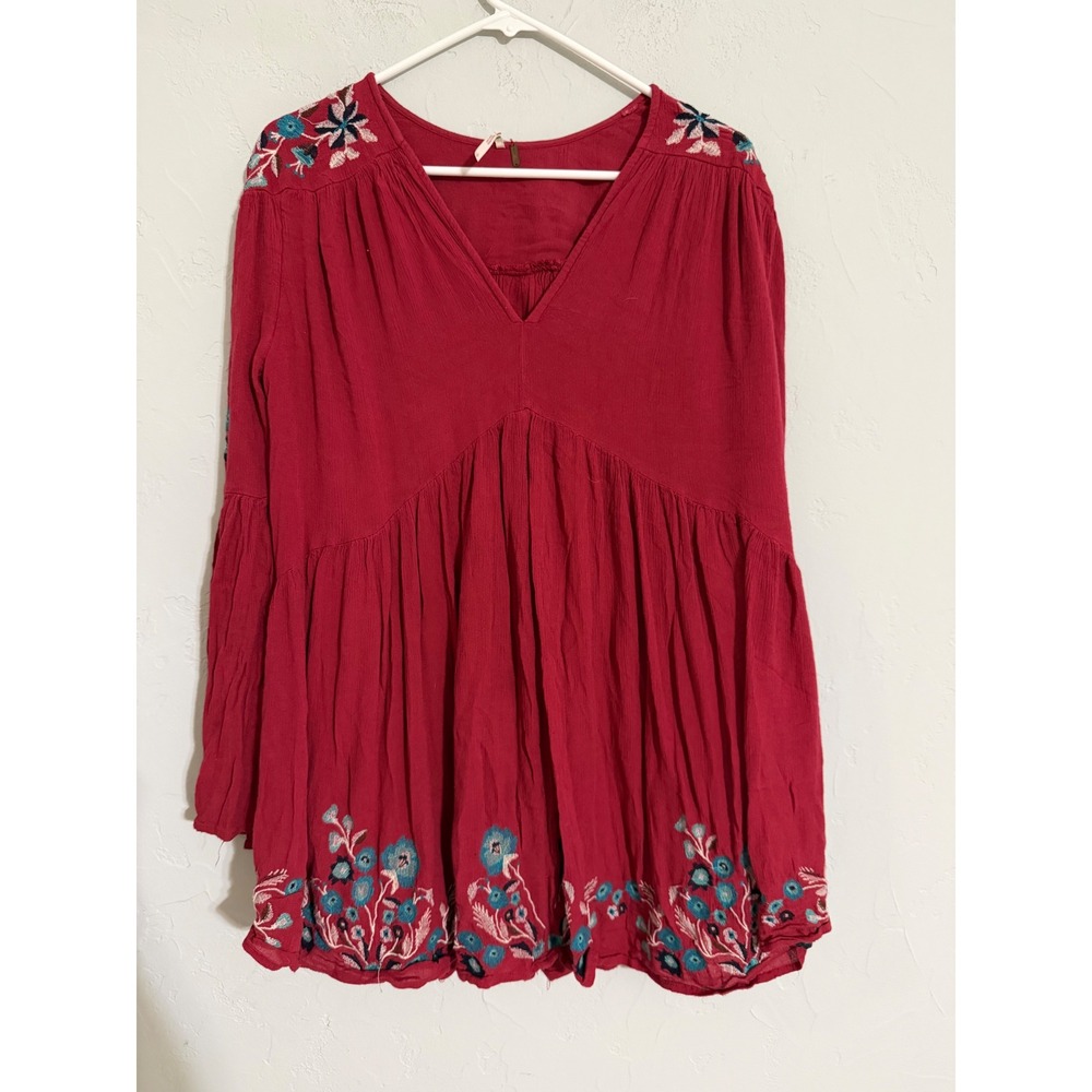Free People Embroidered Floral Bell Sleeve Tunic Top Red V-Neck Small Boho